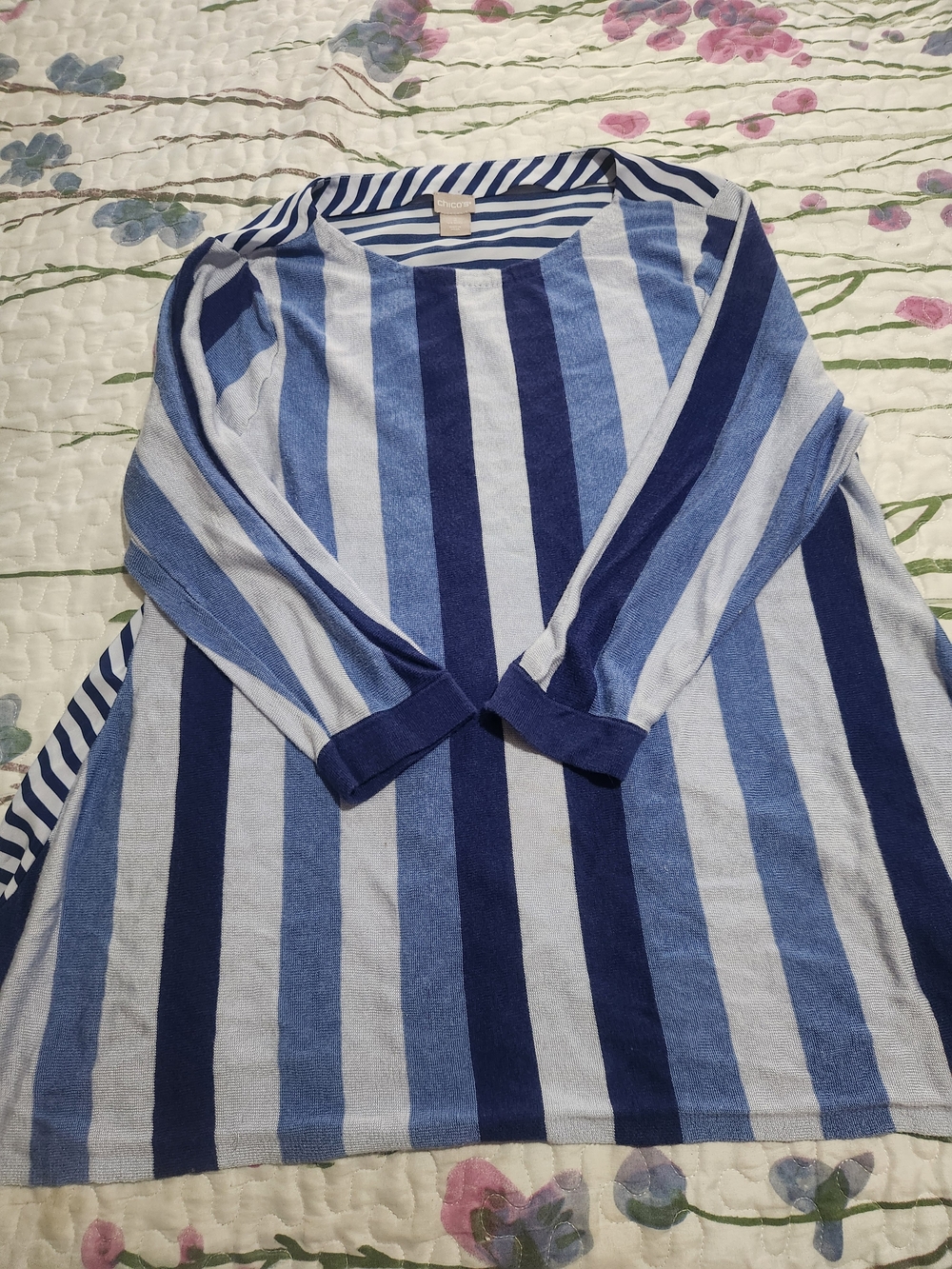 Chico's Navy and Light Blue Vertical Stripe Long Sleeve Top